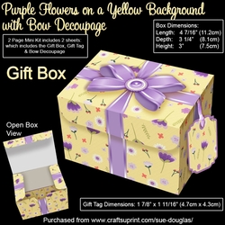 Gift Box Purple Flowers on a Yellow Background with Bow Decoupage