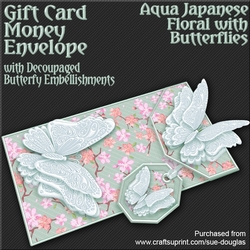 Aqua Japanese Floral with Butterflies Card/Money Envelope Mini Kit
