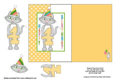 Birthday Kitty Fold Back Card for 4th Birthday in Yellow