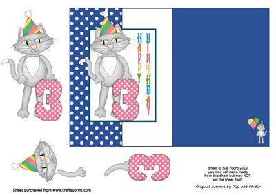 Birthday Kitty Fold Back Card for 3rd Birthday B