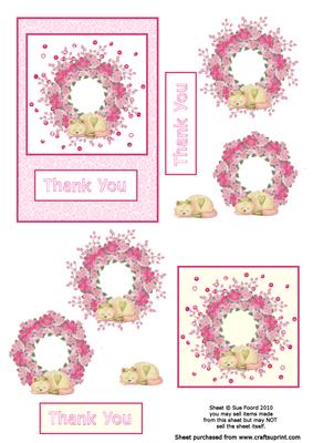 Cat and Pink Flowers 'thank You' Decoupage Toppers