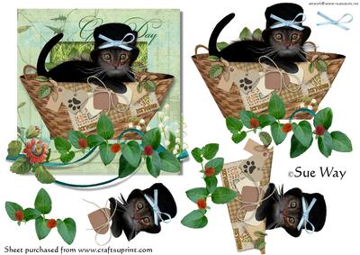 Lucky Black Cat in a Basket Decoupage