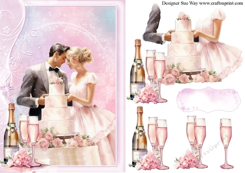 Cutting the Cake Bride and Groom A5 Card Front and Decoupage