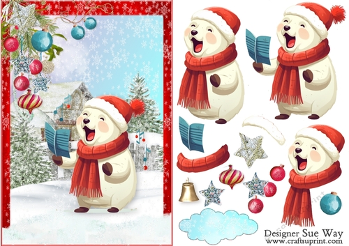 Carolling Christmas Bear A5 Card Front & Decoupage