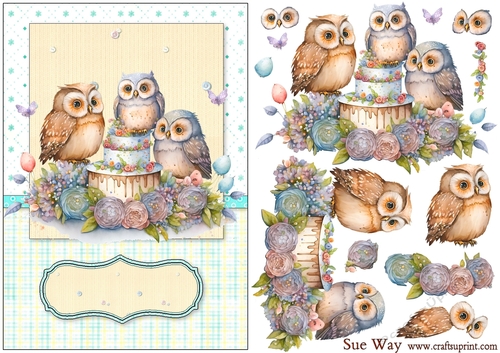 Three Little Owls Birthday Party A5 Card Front and Decoupage