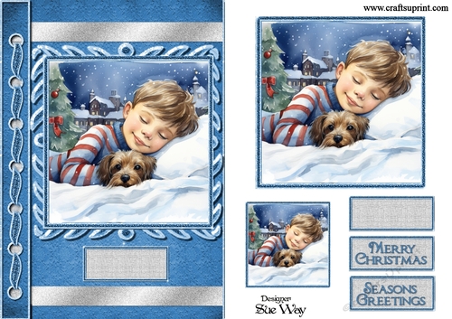 A Boy and His Puppy Dreaming of Christmas A5 Card Front, Topper and Gift Tag