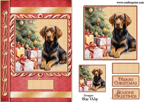 Beautiful Dog Under the Christmas Tree A5 Card Front, Topper and Gift Tag