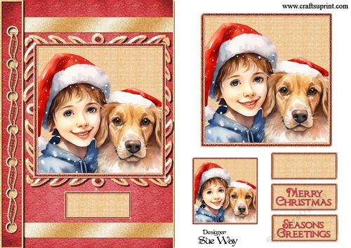 Child and Golden Retriever at Christmas A5 Card Front, Topper and Gift Tag