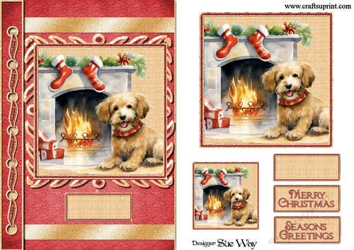 Cute Puppy By the Christmas Fireplace A5 Card Front, Topper and Gift Tag