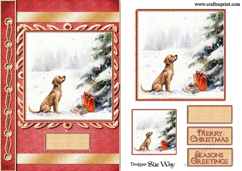 Snowy Dog Under the Christmas Tree A5 Card Front, Topper and Gift Tag