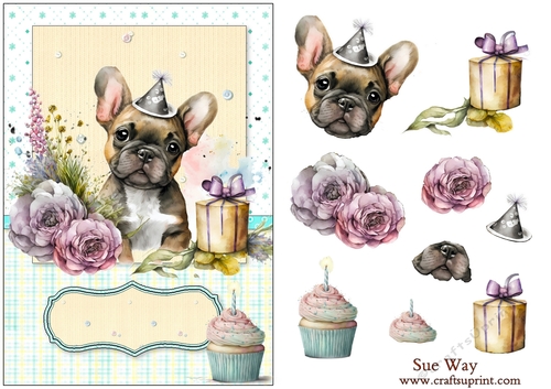 Little French Bulldog Puppy Birthday Party A5 Card Front and Decoupage