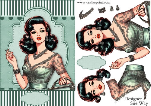 1950s Stylish Lady in Green A5 Card Front & Decoupage