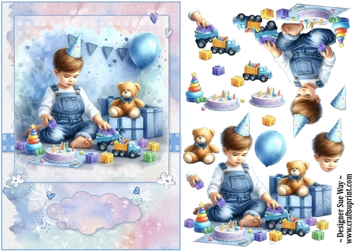 Birthday Boy Cake and Presents A5 Topper and Decoupage