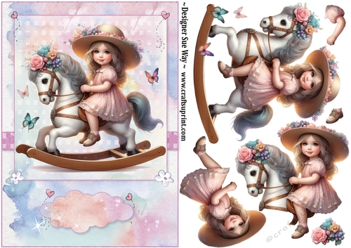 Birthday Girls New Rocking Horse A5 Topper and Decoupage