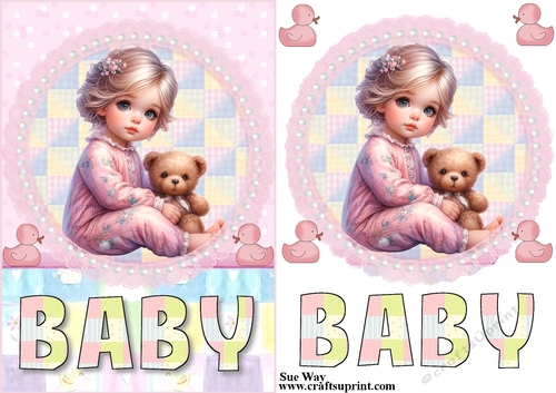 Baby Girl and her Teddy Bear Card Front and Topper