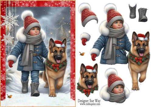 Walking My German Shepard Dog in the Snow A5 Card Front & Decoupage