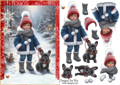 Walking My French Bulldog in the Snow A5 Card Front & Decoupage