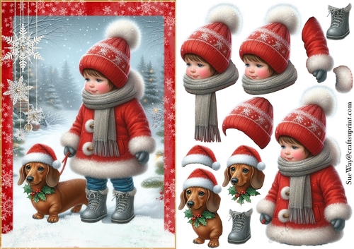 Walking My Dachshund in the Snow A5 Card Front & Decoupage