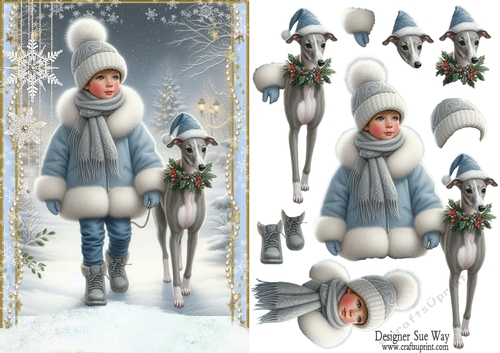 Walking My Greyhound in the Snow A5 Card Front & Decoupage