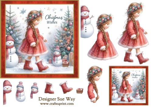 Christmas Wishes Girl in a Red Dress 6x6 inch Card Front, Decoupage & Gift Tags