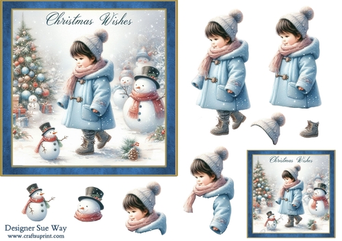 Christmas Wishes Boy in a Blue Coat 6x6 inch Card Front, Decoupage & Gift Tags