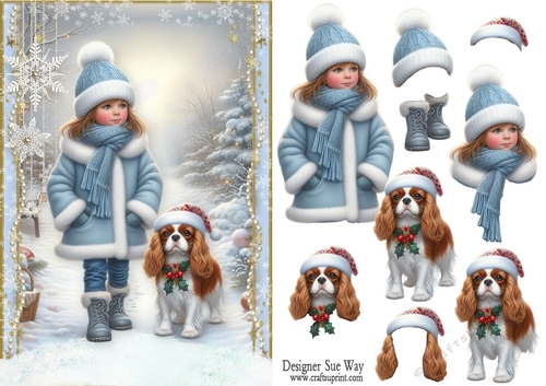 Walking My King Charles Cavalier in the Snow A5 Card Front & Decoupage