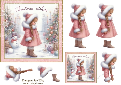 Christmas Wishes Girl in a Pink Coat 6 inch Card Front & Decoupage