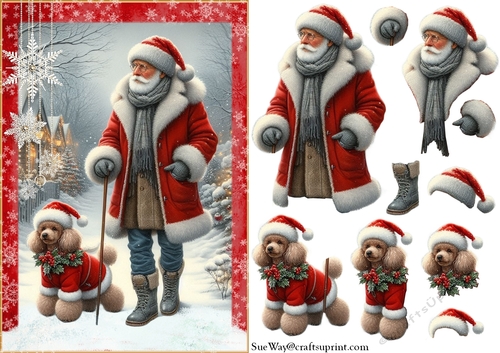 Father Christmas Walking his Poodle in the Snow A5 Card Front & Decoupage