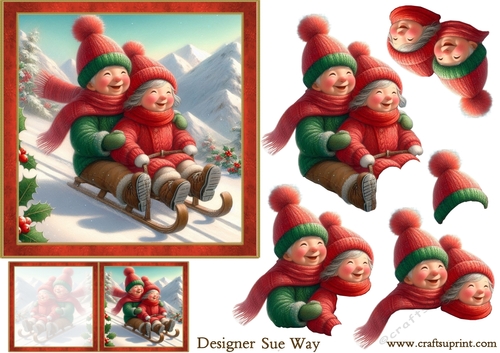 Grandparents Sledging 6 inch Card Front, Gift Tag & Decoupage
