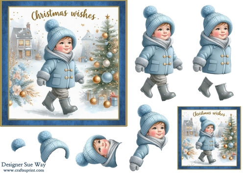 Christmas Wishes Happy Little Boy 6x6 inch Card Front, Decoupage & Gift Tags