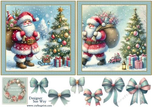 Vintage Santa Two Small Square Quick Card Toppers and Bows