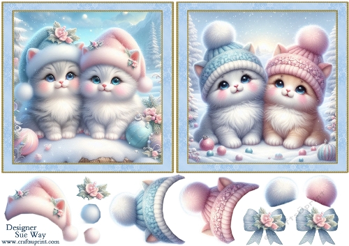 Cute Kittens Two Square Card Toppers, Decoupage and Bow