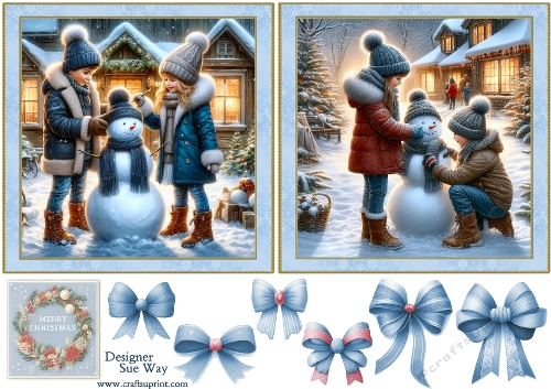Children Building a Snowman Two Small Square Quick Card Toppers and Bows
