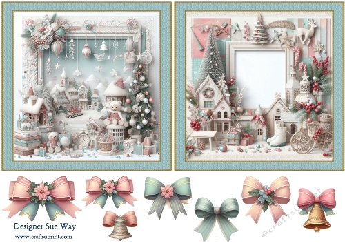 Pastel Christmas Scenes 2 Two Square Quick Cards and Bows