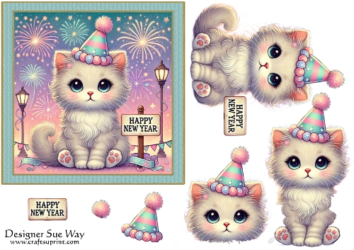 Happy New Year Fireworks Kitten 6 inch Card Front & Decoupage