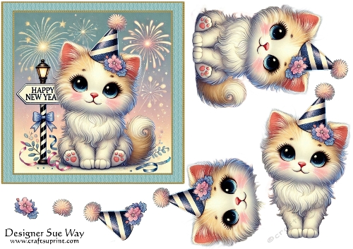 Happy New Years Eve Firework Party Kitten 6 inch Card Front & Decoupage