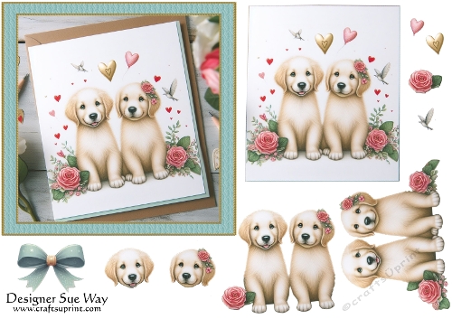 Anniversary, Valentines Day Card Puppies 6 inch Card Front, Decoupage