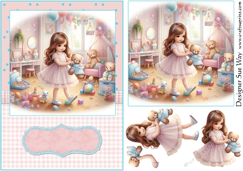 Little Girls New Teddy Bear A5  Card Front, Topper and Decoupage