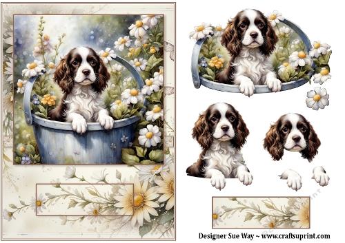 Springer Spaniel Puppy in a Bucket  A5 Card Front and Decoupage