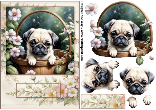 Pug Puppy in a Bucket  A5 Card Front and Decoupage