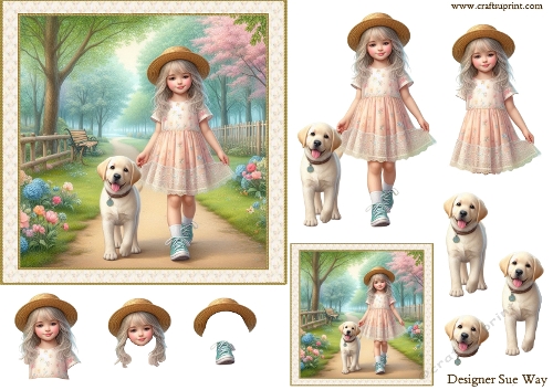 Girl  Walking her Labrador in the Park 6 inch Card Front, Gift tag & Decoupage