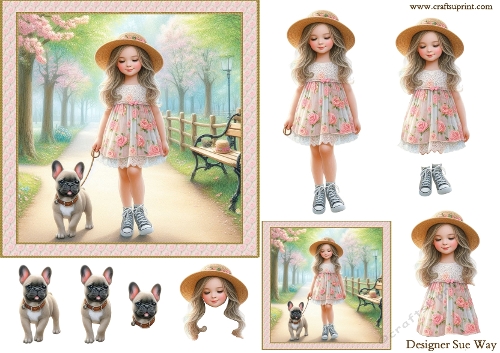 Girl  Walking her French Bulldog in the Park 6 inch Card Front, Gift tag & Decoupage