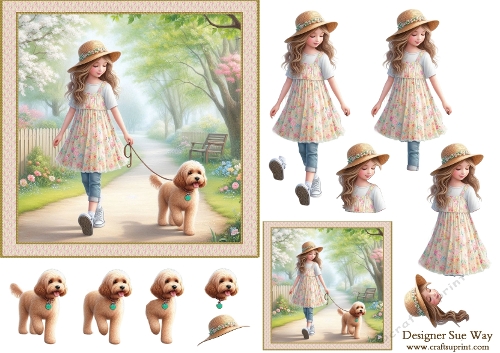 Girl Walking her Cockapoo in the Park 6 inch Card Front, Gift tag & Decoupage.jpg