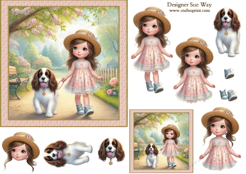 Girl  Walking her Springer Spaniel in the Park 6 inch Card Front, Gift tag & Decoupage 2.jpg