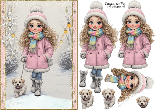 Walking My Puppy in the Snow A5 Card Front & Decoupage