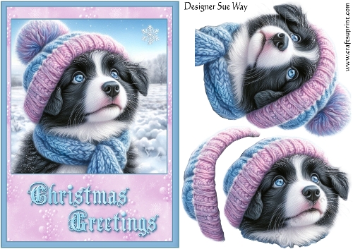 Border Collie Puppys First Snow A5 Card Front and Decoupage