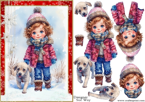 Child Walking The Dog in the Snow A5 Card Front & Decoupage