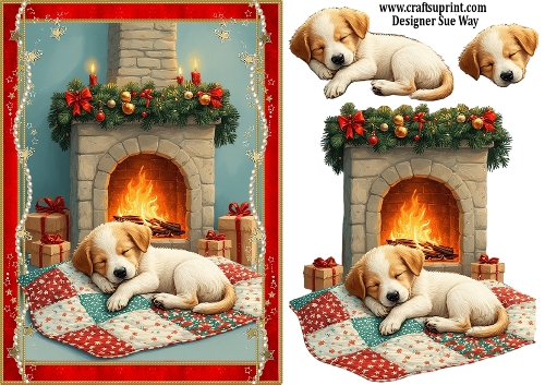 Christmas Fireside Puppy A5 Card Front & Decoupage