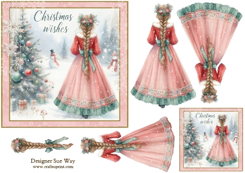 Christmas Wishes Girl in a Pretty Dress 6 inch Card Front, Gift Tag & Decoupage