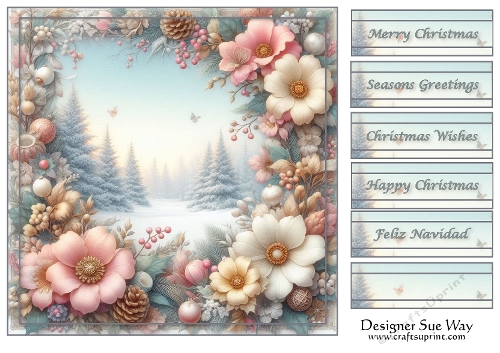 Christmas Flowers Snowy Scene, 7 x 7 Card Front and Sentiment Tags